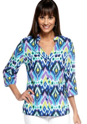 Jones New York Sport Split Neck Print Linen Blouse