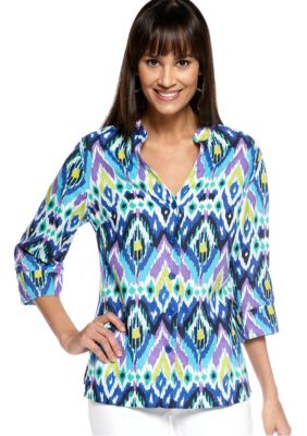 Jones New York Sport Petite Split Neck Print Linen Blouse