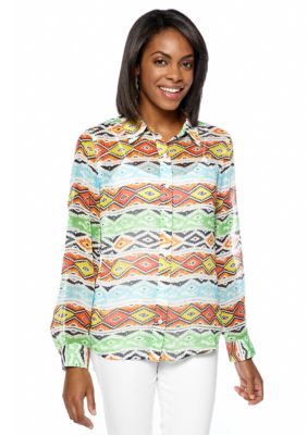 Jones New York Sport Roll Tab Sleeve Printed Shirt