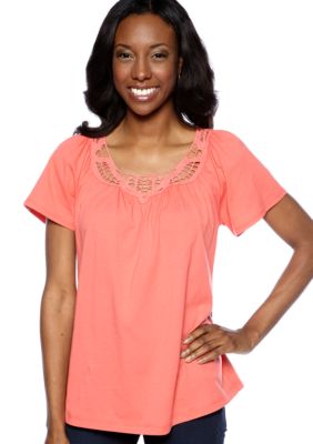 Jones New York Sport Flutter Sleeve Crochet Neck Top