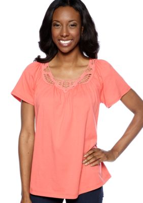 Jones New York Sport Flutter Sleeve Crochet Neck Top