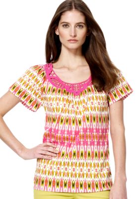 Jones New York Sport Crochet Trim Printed Top