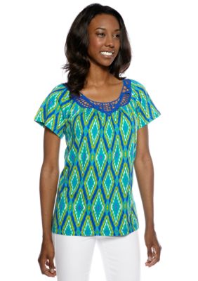 Jones New York Sport Printed Crochet Neck Top