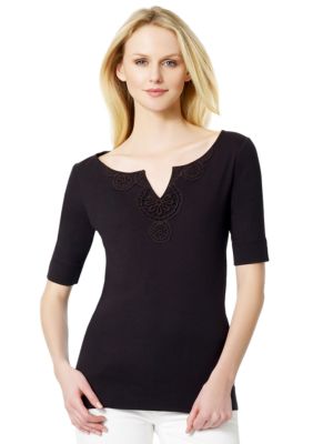 Jones New York Sport Crochet Split Neck Top