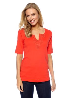 Jones New York Sport Crochet Split Neck Top