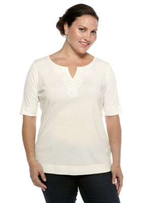 Jones New York Sport Plus Split Neck Crochet Tee