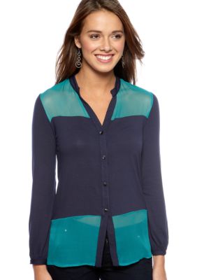 Red Haute Color Block Button Down Top
