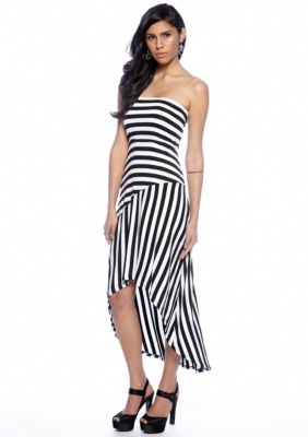 Red Haute Hi Lo Strapless Striped Dress