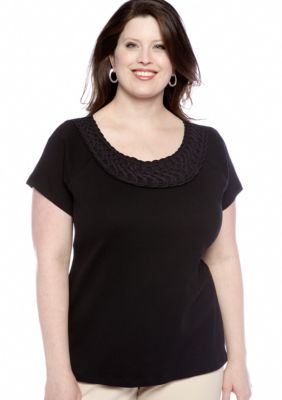 Rafaella Form + Function Plus Size Mesh Embellished Neckline Top