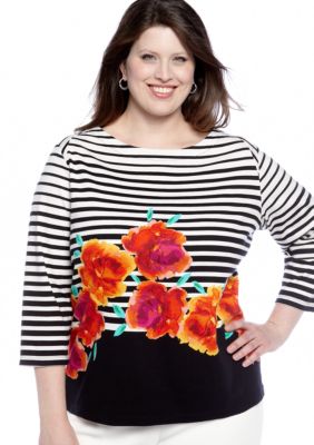 Rafaella Form + Function Plus Size Striped Floral Top