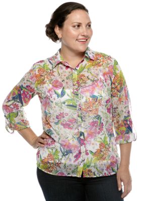 Rafaella Form + Function Plus Size Floral Print Boyfriend Shirt