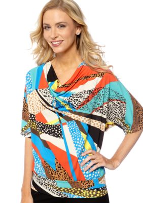 Rafaella Form + Function Petite Crepe Cowl Neck Top with Multi Animal Print