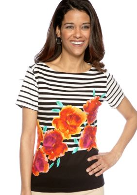 Rafaella Form + Function Petite Striped Floral Boat Neck Top