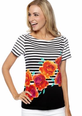 Rafaella Form + Function Striped Floral Boat Neck Top