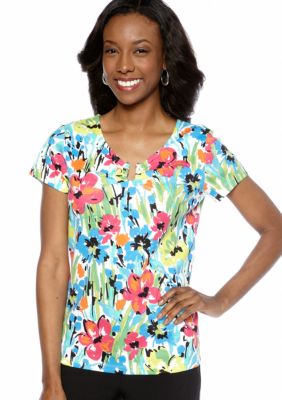 Rafaella Form + Function Floral Print Horseshoe Neck Top