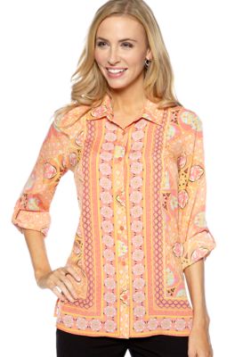 Rafaella Form + Function Scarf Print Button Down Blouse