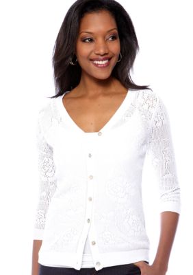Kim Rogers Three Quarter Sleeve V-Neck Pointelle Cardigan