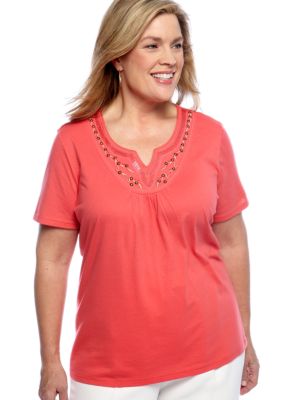 Kim Rogers Plus Size Embroidered Yoke Flutter Sleeve Top