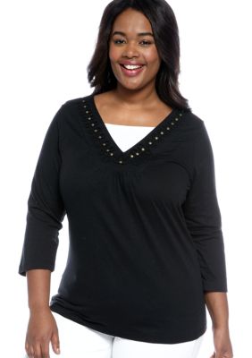 Kim Rogers&reg; Plus Size Soutache V-Neck Inset Knit Top