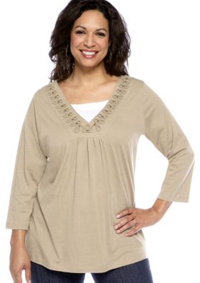 Kim Rogers Plus Size Soutache V-Neck Inset Knit Top