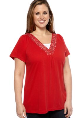Kim Rogers Plus Size Studded V-Neck Knit Top