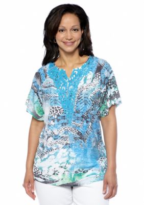 Kim Rogers Plus Size Printed Crochet Embellished Burnout Knit Top