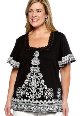 Kim Rogers Plus Size Puff Print Border Square Neck Gauze Top