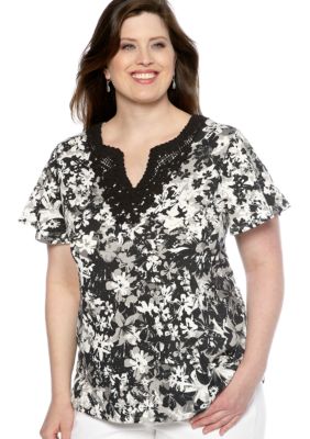 Kim Rogers Plus Size Tonal Print Crochet Knit Top