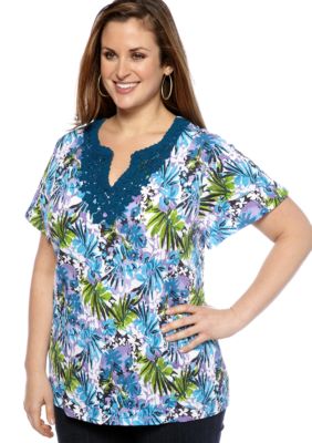 Kim Rogers Plus Size Floral Printed Split Neck Top