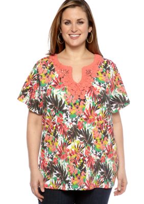 Kim Rogers Plus Size Floral Printed Split Neck Top