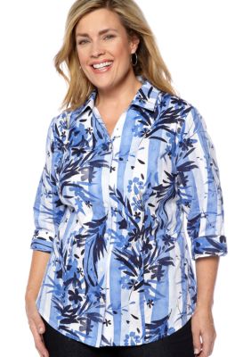 Kim Rogers Plus Size Printed Embroidered Button Front Blouse