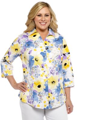 Kim Rogers Plus Size Floral Print Cotton Embroidered Blouse