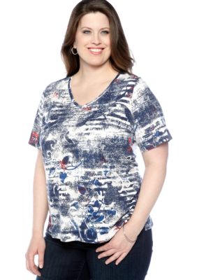 Kim Rogers Plus Size Short Sleeve Stone Swirl Stripe Jersey Knit Tee