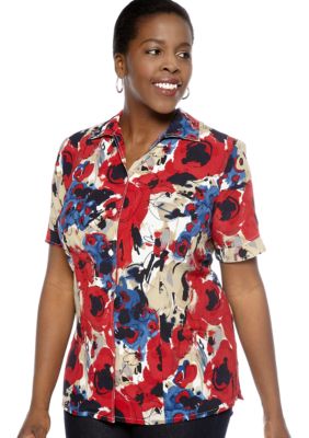 Kim Rogers Plus Size Watercolor Print Newport Crinkle Short Sleeve Blouse