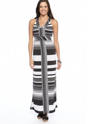 New Directions Low V Neck Stripe Print Maxi Dress