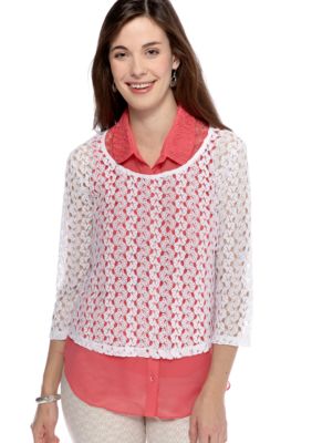New Directions&reg; Petite Three Quarter Sleeve Crochet Top