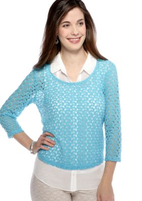 New Directions Petite Three Quarter Sleeve Crochet Top