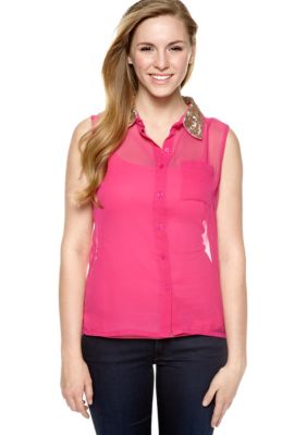 Pinky Sequin Collar Sheer Shirt