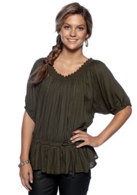 Pinky Solid Peplum Peasant