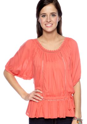 Pinky Solid Peplum Peasant