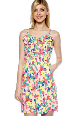 Red Camel Ruffle Front Floral Dress
