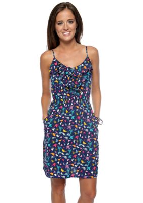 Red Camel Ruffled Bird Print Dress