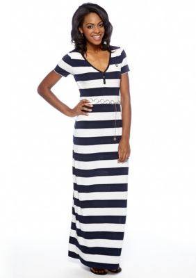 Anne Klein Stripe Print Maxi Dress with Belt