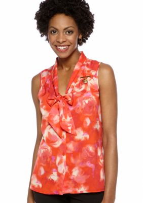 Anne Klein Sleeveless Bow Blouse with Lion Logo Pin