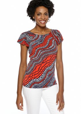 Anne Klein Abstract River Stream Print Flutter Sleeve Top