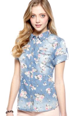 Love Always Floral Printed Denim Shirt
