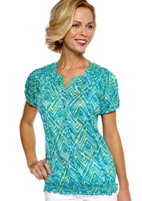 Kim Rogers Short Sleeve Crinkle Print Split Neck Top