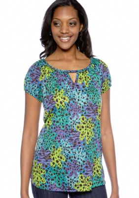 Kim Rogers Printed Braid Trim Keyhole Tee