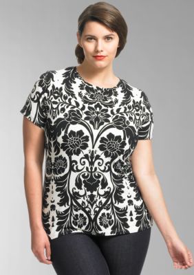 Liz Claiborne New York Plus Size Floral Print Stretch Crewneck Tee