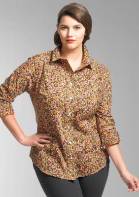 Liz Claiborne New York Plus Size Stretch Floral Print Button Front Shirt